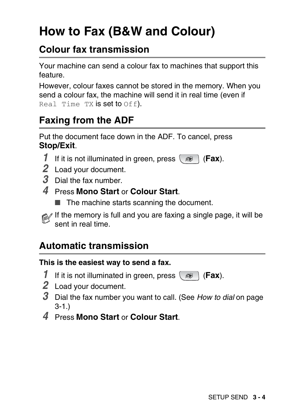 How to fax (b&w and colour), Colour fax transmission, Faxing from the adf | Automatic transmission, How to fax (b&w and colour) -4 | Brother FAX-3240C User Manual | Page 46 / 192