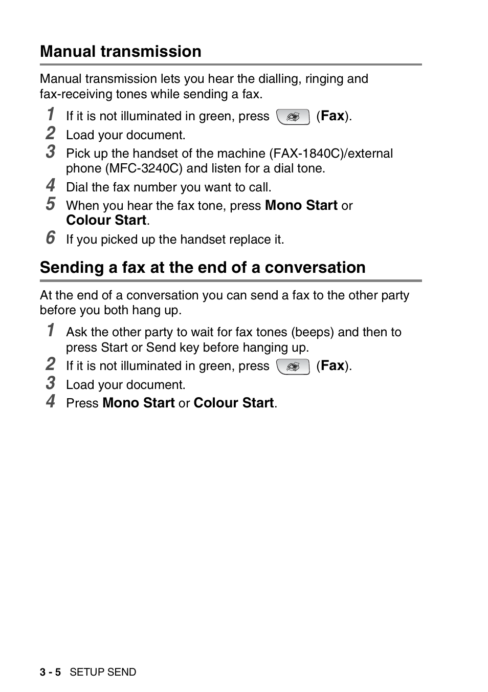 Manual transmission, Sending a fax at the end of a conversation | Brother FAX-3240C User Manual | Page 47 / 192