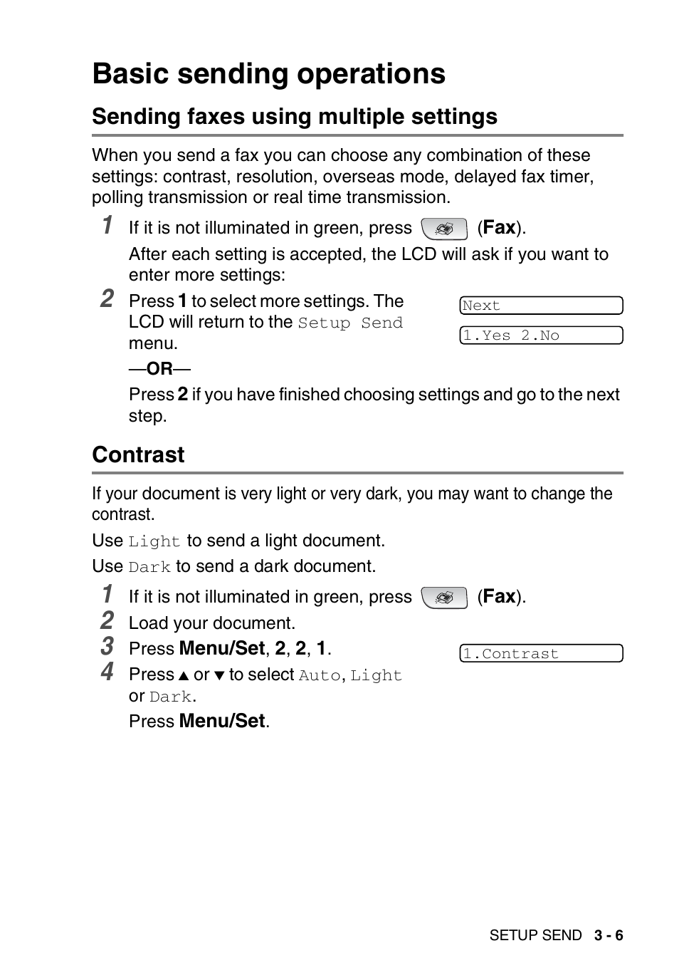 Basic sending operations, Sending faxes using multiple settings, Contrast | Basic sending operations -6 | Brother FAX-3240C User Manual | Page 48 / 192
