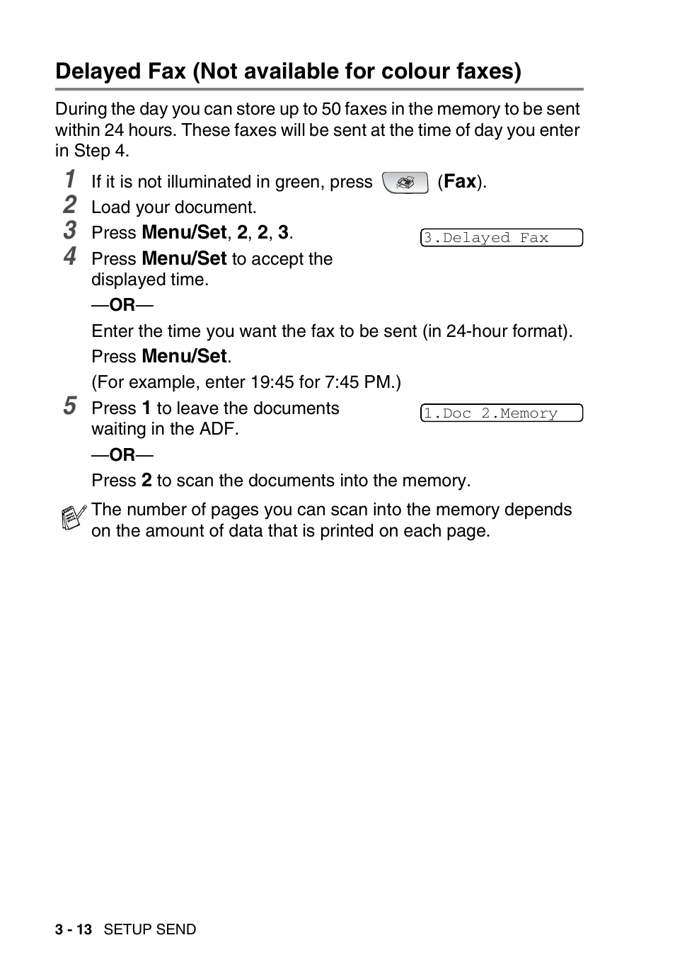 Delayed fax (not available for colour faxes), Delayed fax (not available for colour faxes) -13 | Brother FAX-3240C User Manual | Page 55 / 192