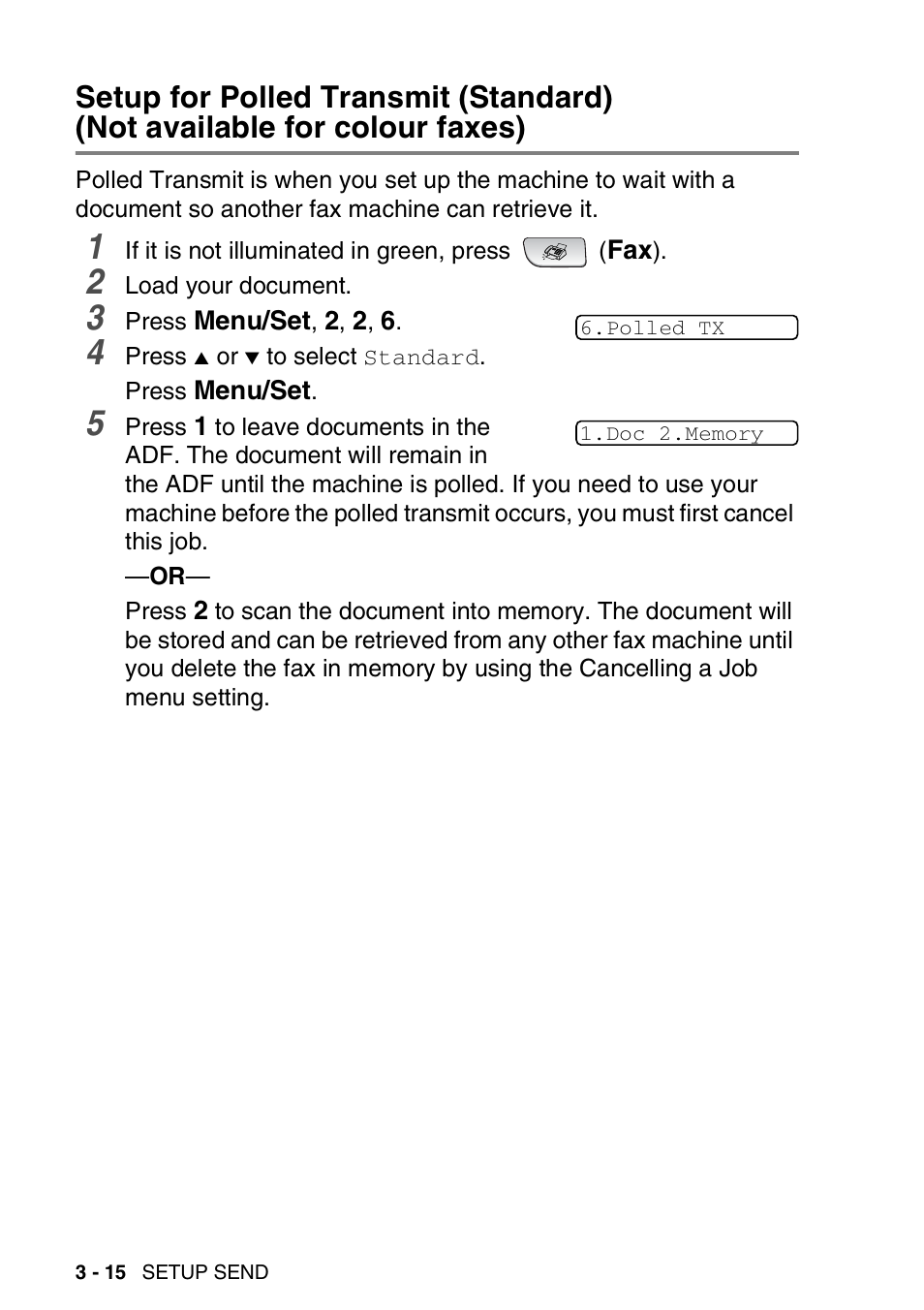 Setup for polled transmit (standard), Not available for colour faxes) -15 | Brother FAX-3240C User Manual | Page 57 / 192