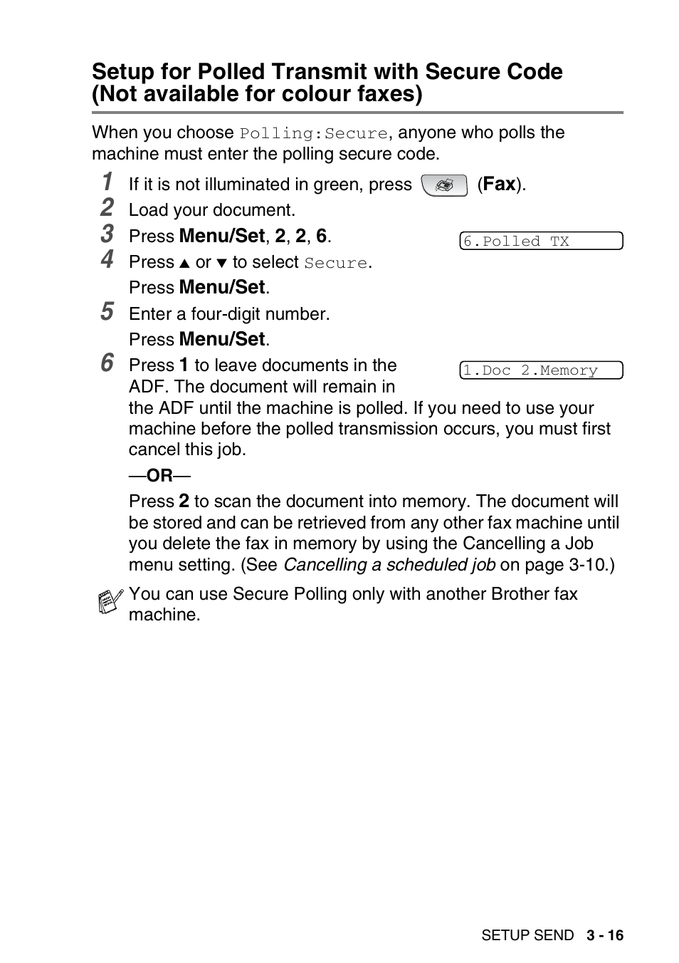 Setup for polled transmit with secure code, Not available for colour faxes) -16 | Brother FAX-3240C User Manual | Page 58 / 192