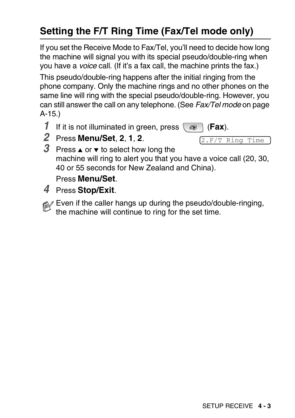Setting the f/t ring time (fax/tel mode only), Setting the f/t ring time (fax/tel mode only) -3 | Brother FAX-3240C User Manual | Page 64 / 192