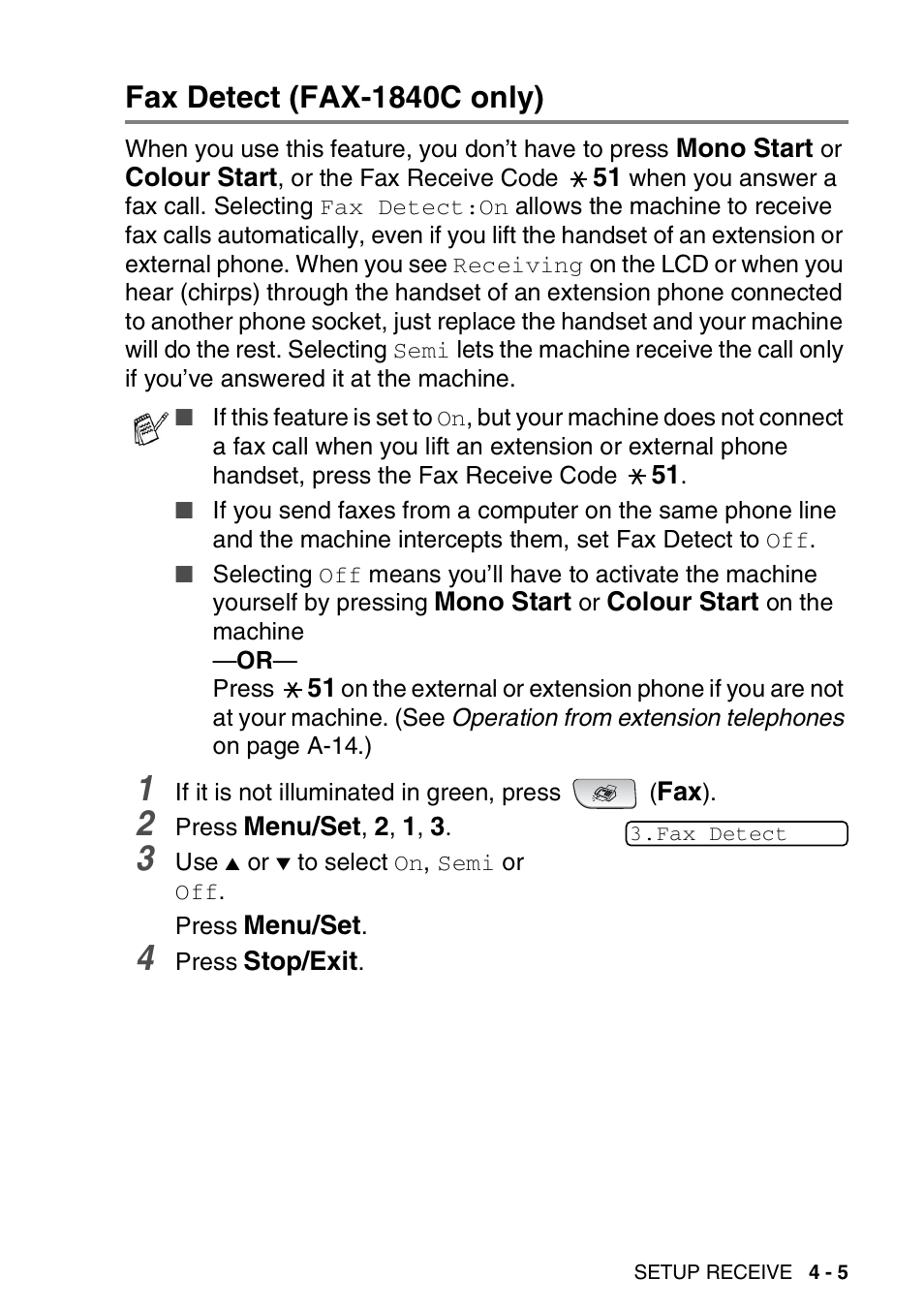 Fax detect (fax-1840c only), Fax detect (fax-1840c only) -5 | Brother FAX-3240C User Manual | Page 66 / 192