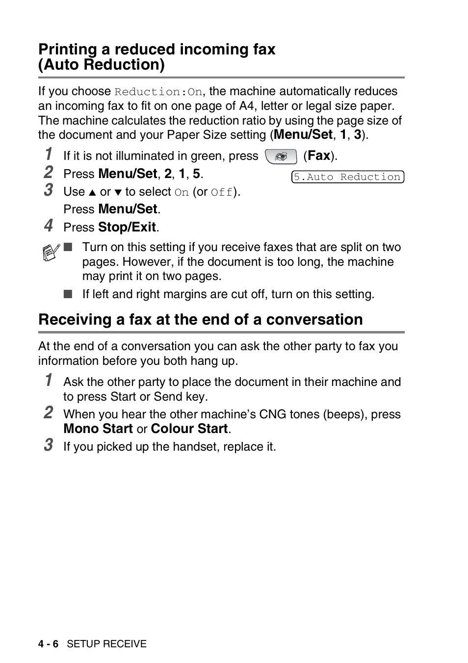 Printing a reduced incoming fax (auto reduction), Receiving a fax at the end of a conversation, Printing a reduced incoming fax | Auto reduction) -6, Receiving a fax at the end of a conversation -6 | Brother FAX-3240C User Manual | Page 67 / 192