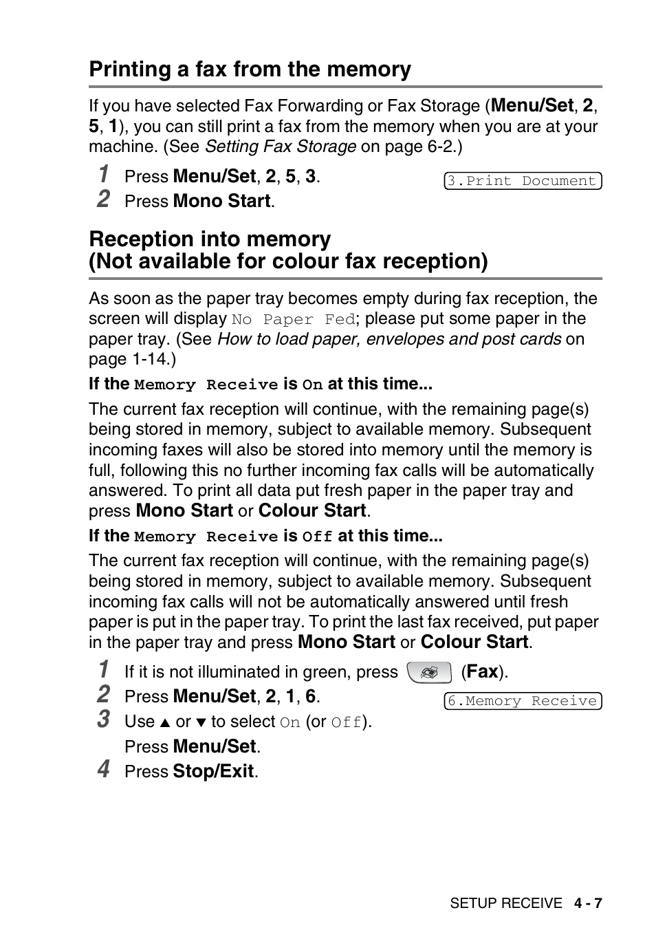 Printing a fax from the memory, Not available for colour fax reception) -7 | Brother FAX-3240C User Manual | Page 68 / 192