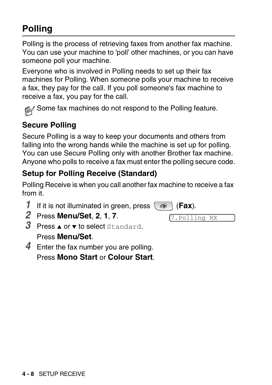 Polling, Secure polling, Setup for polling receive (standard) | Polling -8 | Brother FAX-3240C User Manual | Page 69 / 192