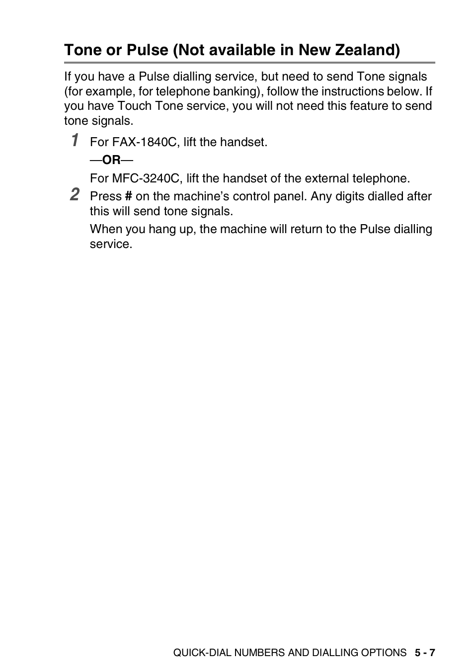 Tone or pulse (not available in new zealand), Tone or pulse (not available in new zealand) -7 | Brother FAX-3240C User Manual | Page 78 / 192