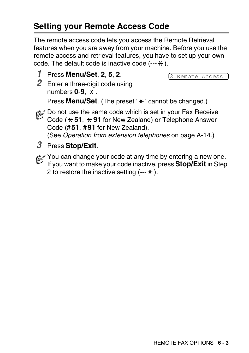 Setting your remote access code, Setting your remote access code -3 | Brother FAX-3240C User Manual | Page 82 / 192