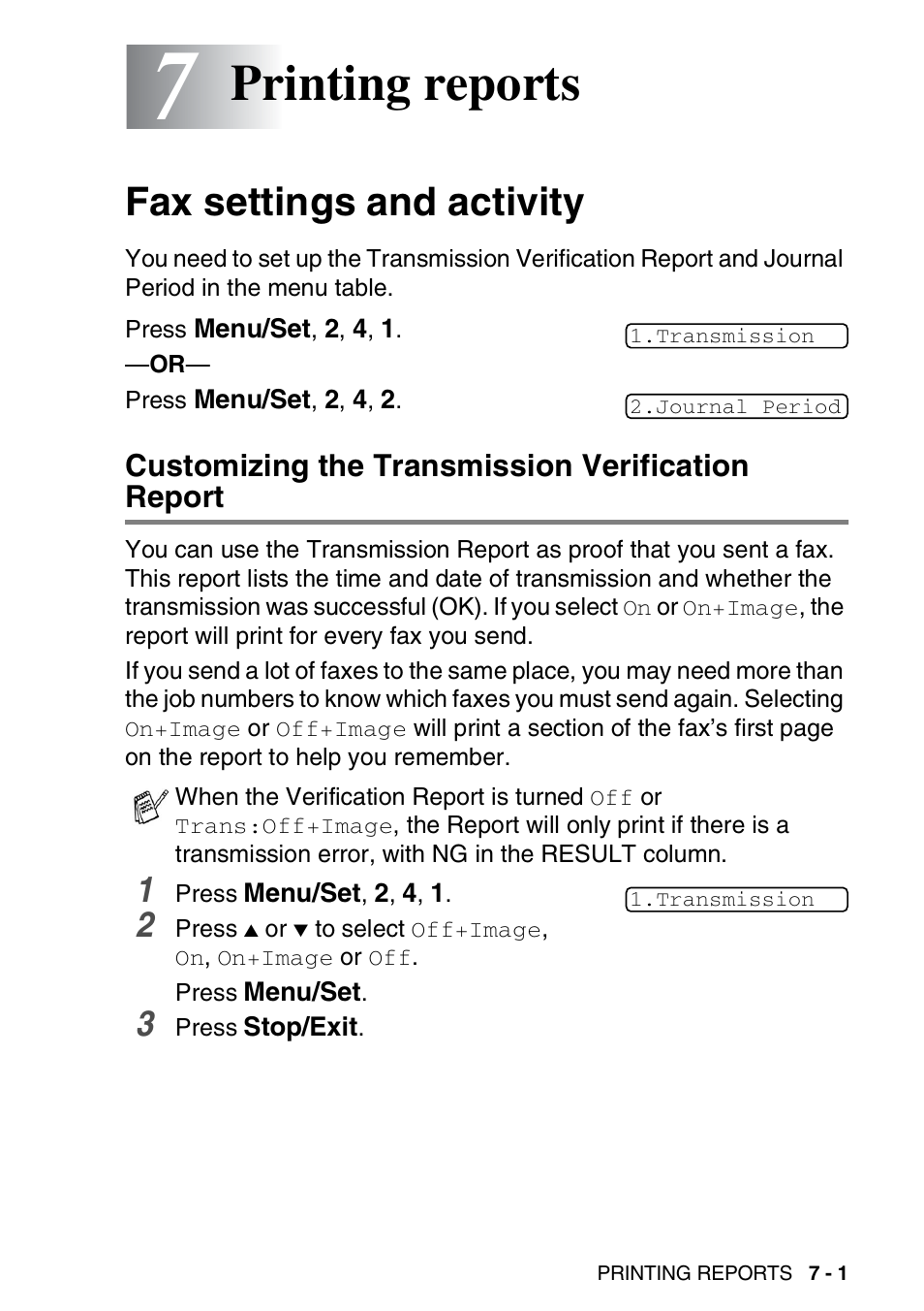 7 printing reports, Fax settings and activity, Customizing the transmission verification report | Printing reports -1, Fax settings and activity -1, Printing reports | Brother FAX-3240C User Manual | Page 86 / 192
