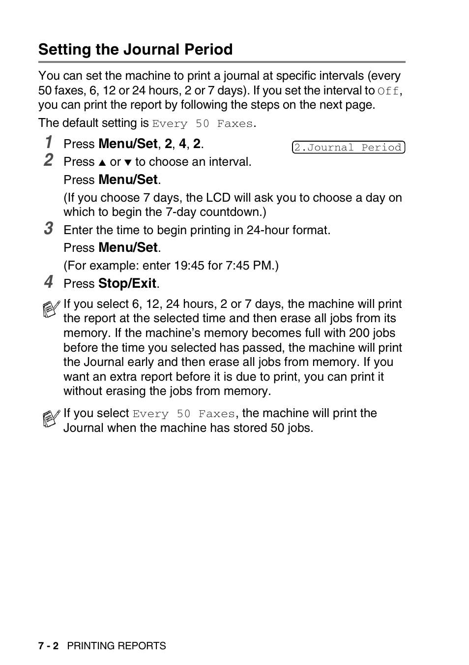 Setting the journal period, Setting the journal period -2 | Brother FAX-3240C User Manual | Page 87 / 192
