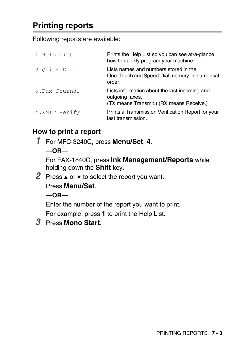 Printing reports, How to print a report, Printing reports -3 | How to print a report -3 | Brother FAX-3240C User Manual | Page 88 / 192