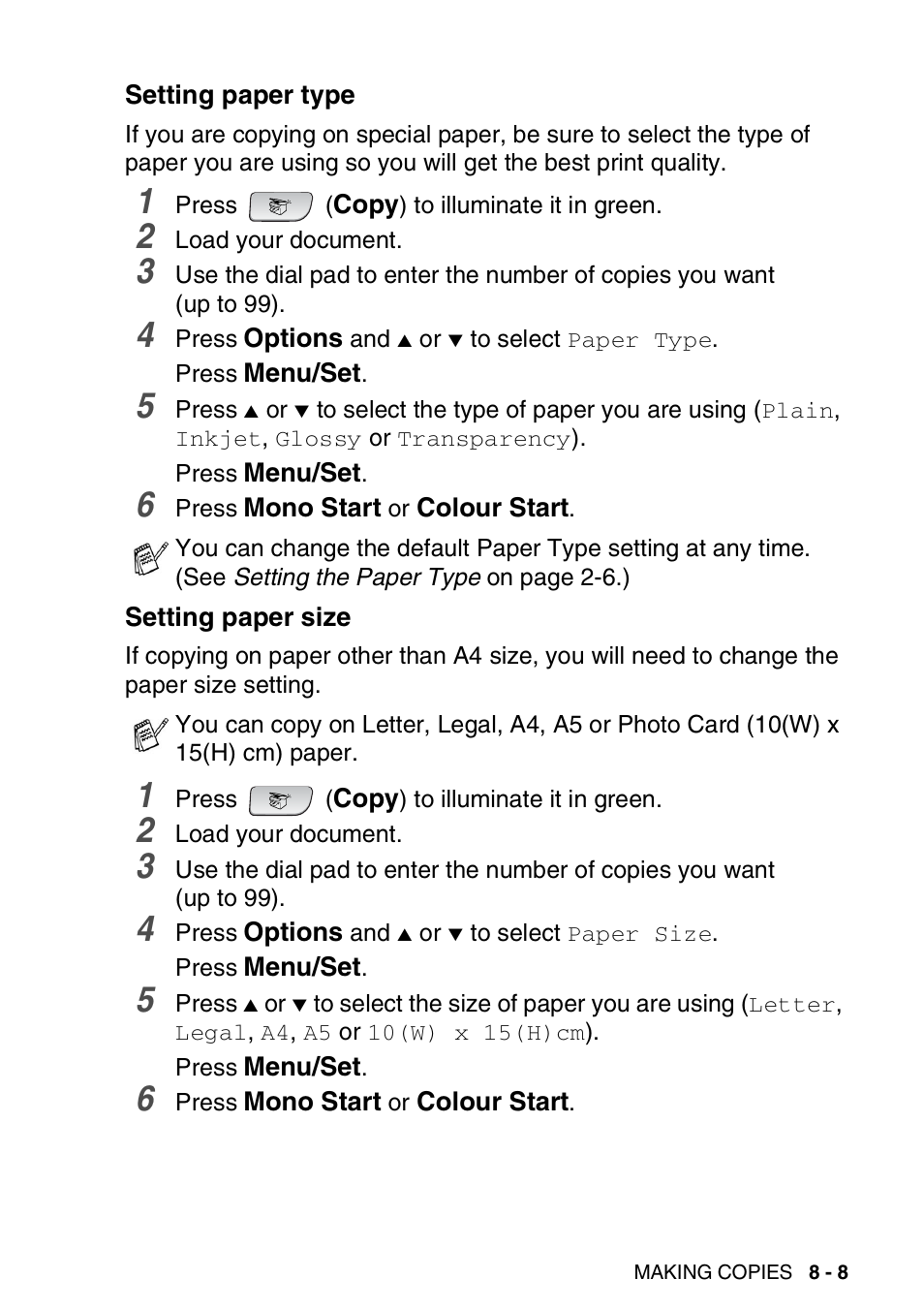 Setting paper type, Setting paper size, Setting paper type -8 setting paper size -8 | Brother FAX-3240C User Manual | Page 96 / 192