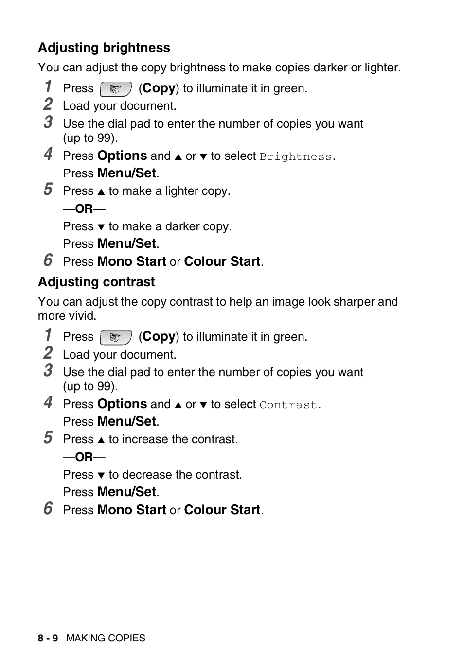 Adjusting brightness, Adjusting contrast, Adjusting brightness -9 adjusting contrast -9 | Brother FAX-3240C User Manual | Page 97 / 192