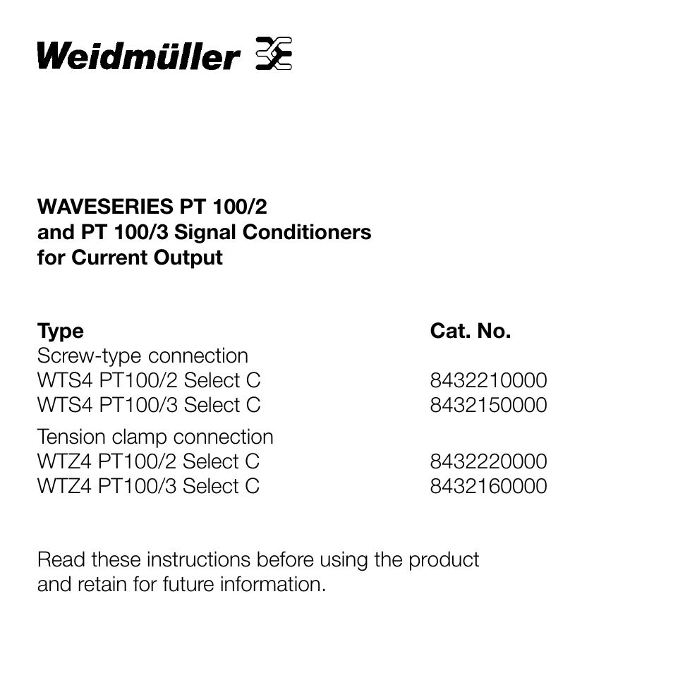 Weidmuller PT 100/3 sig conditioners for current output User Manual | 14 pages