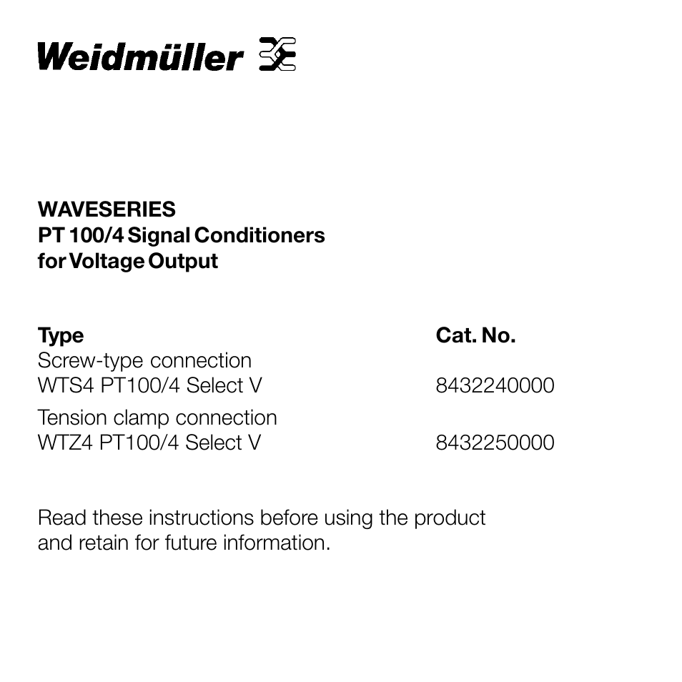 Weidmuller PT 100/4 signal conditioners for voltage output User Manual | 14 pages