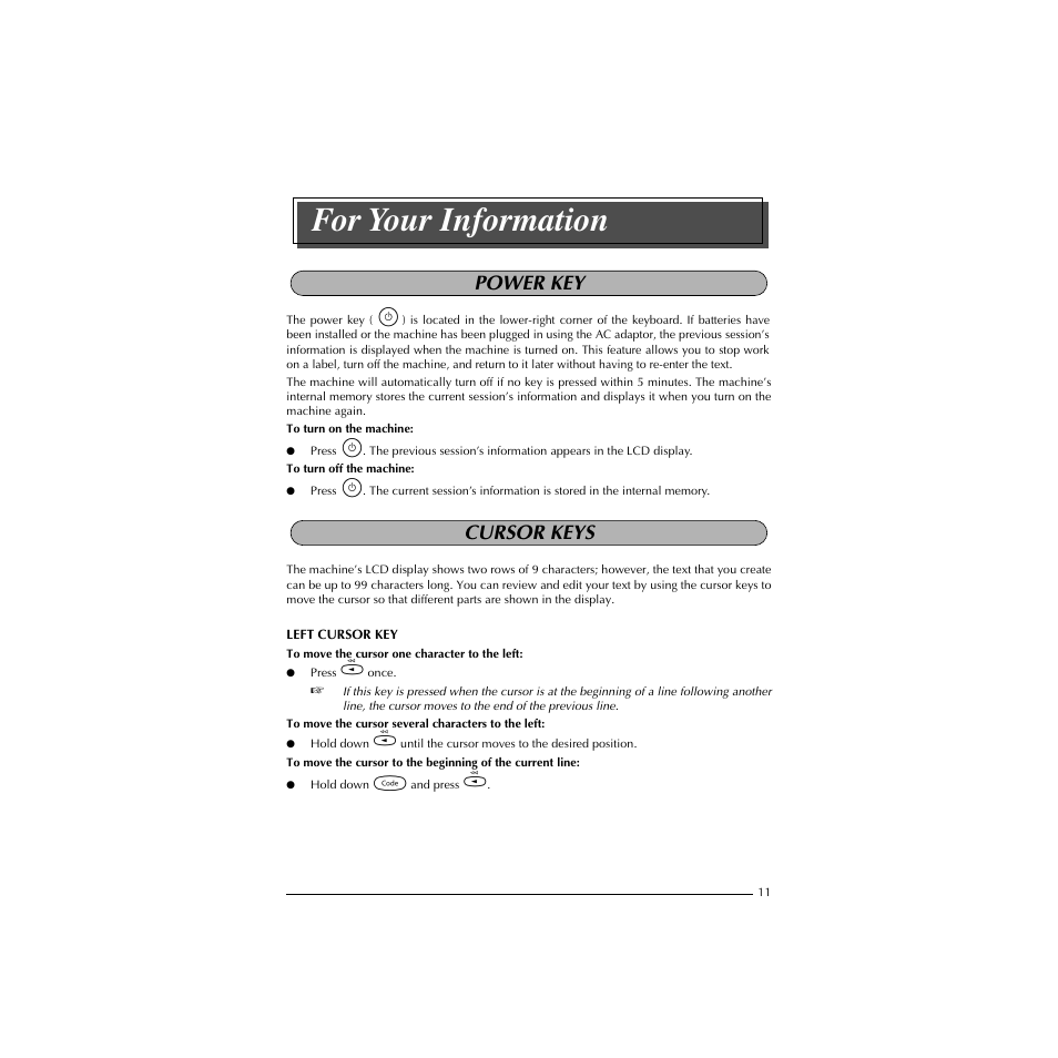 For your information, Power key, Cursor keys | Power key cursor keys | Brother HL-1850 User Manual | Page 15 / 71