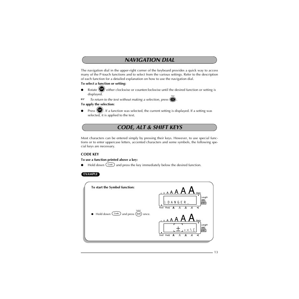 Navigation dial, Code, alt & shift keys, Navigation dial code, alt & shift keys | Brother HL-1850 User Manual | Page 17 / 71