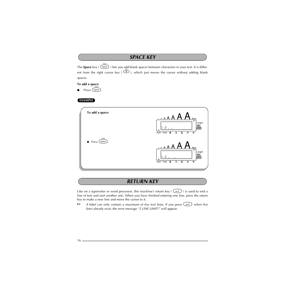Space key, Return key | Brother HL-1850 User Manual | Page 20 / 71