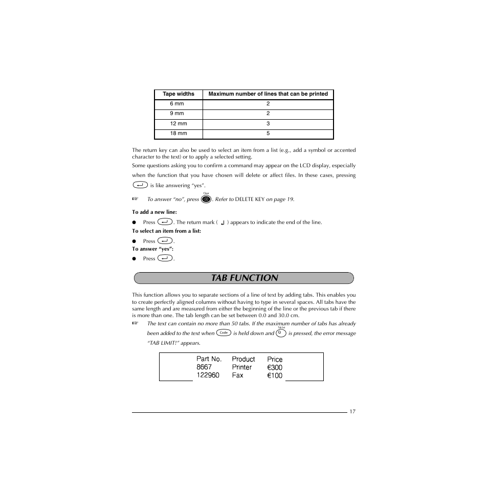 Tab function | Brother HL-1850 User Manual | Page 21 / 71