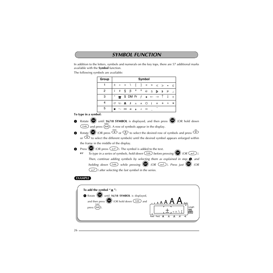 Symbol function | Brother HL-1850 User Manual | Page 30 / 71