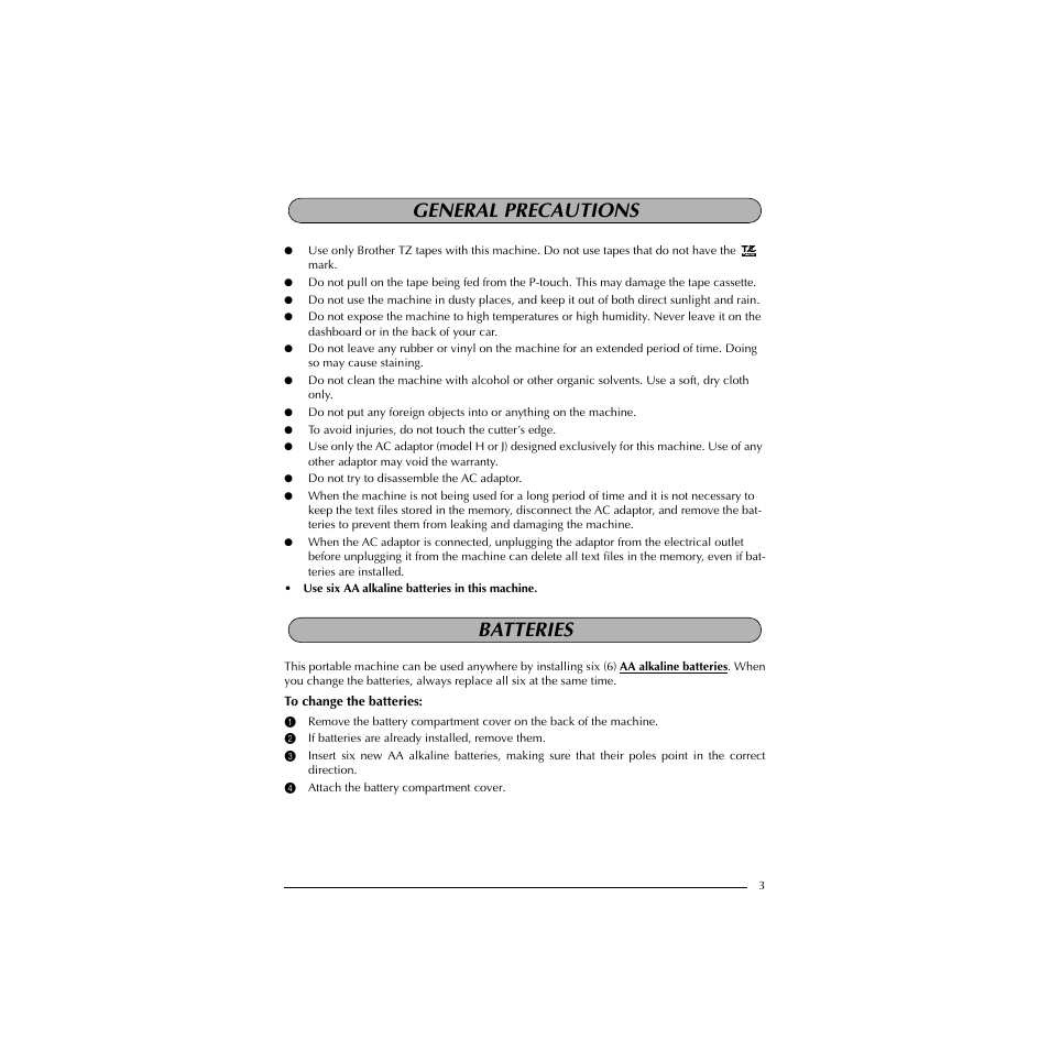 General precautions, Batteries, General precautions batteries | Brother HL-1850 User Manual | Page 7 / 71