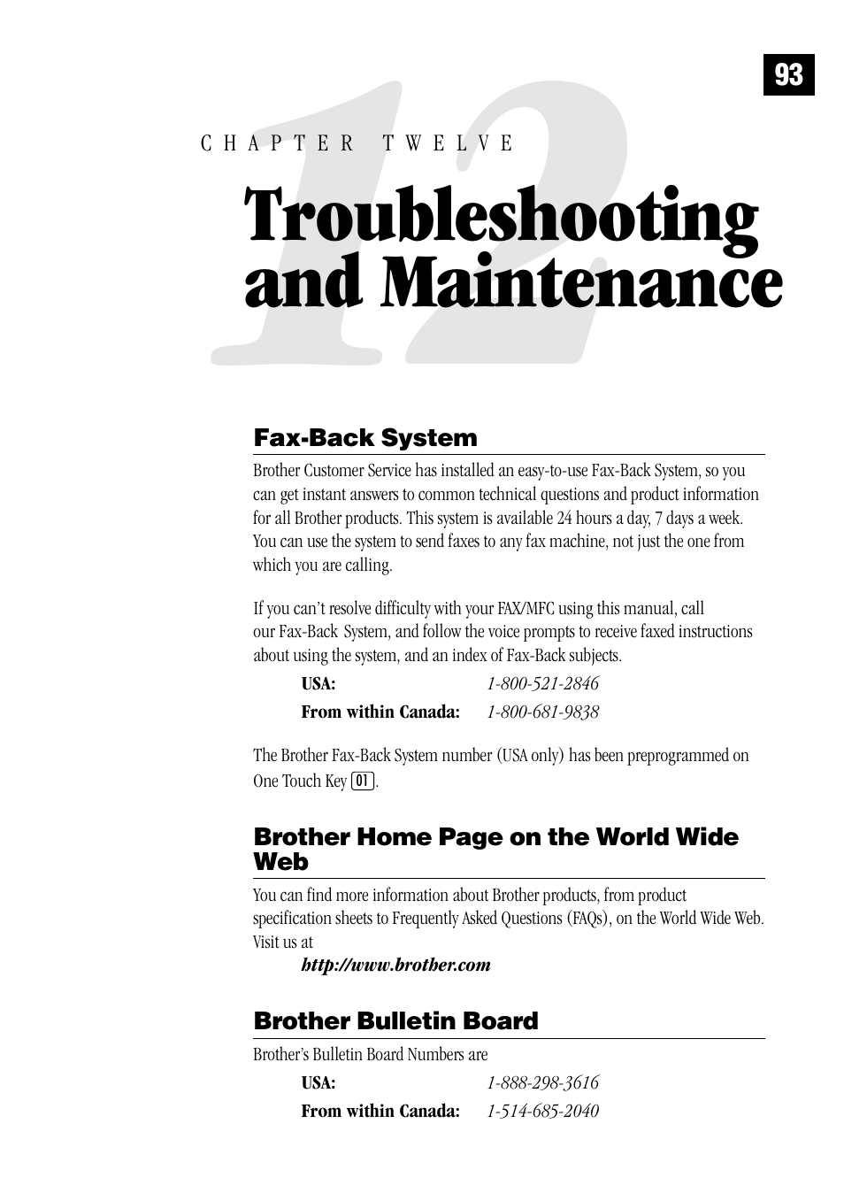 12 troubleshooting and maintenance, Fax-back system, Brother bulletin board | Troubleshooting and maintenance | Brother MFC 1970MC User Manual | Page 101 / 136