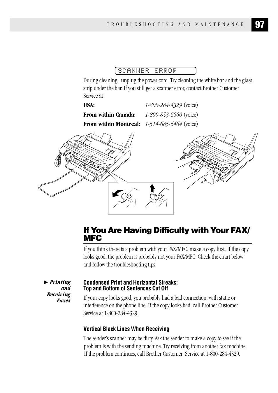 If you are having difficulty with your fax/ mfc, Vertical black lines when receiving, If you are having difficulty with your fax/mfc | Condensed print and horizontal streaks, Top and bottom of sentences cut off | Brother MFC 1970MC User Manual | Page 105 / 136