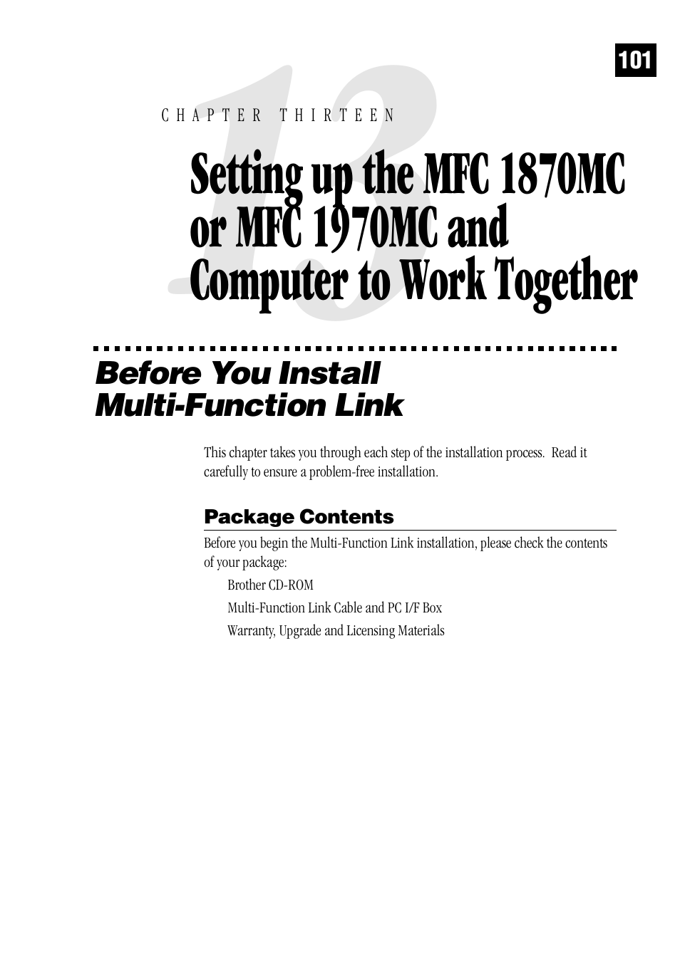 Before you install multi-function link, Package contents | Brother MFC 1970MC User Manual | Page 109 / 136