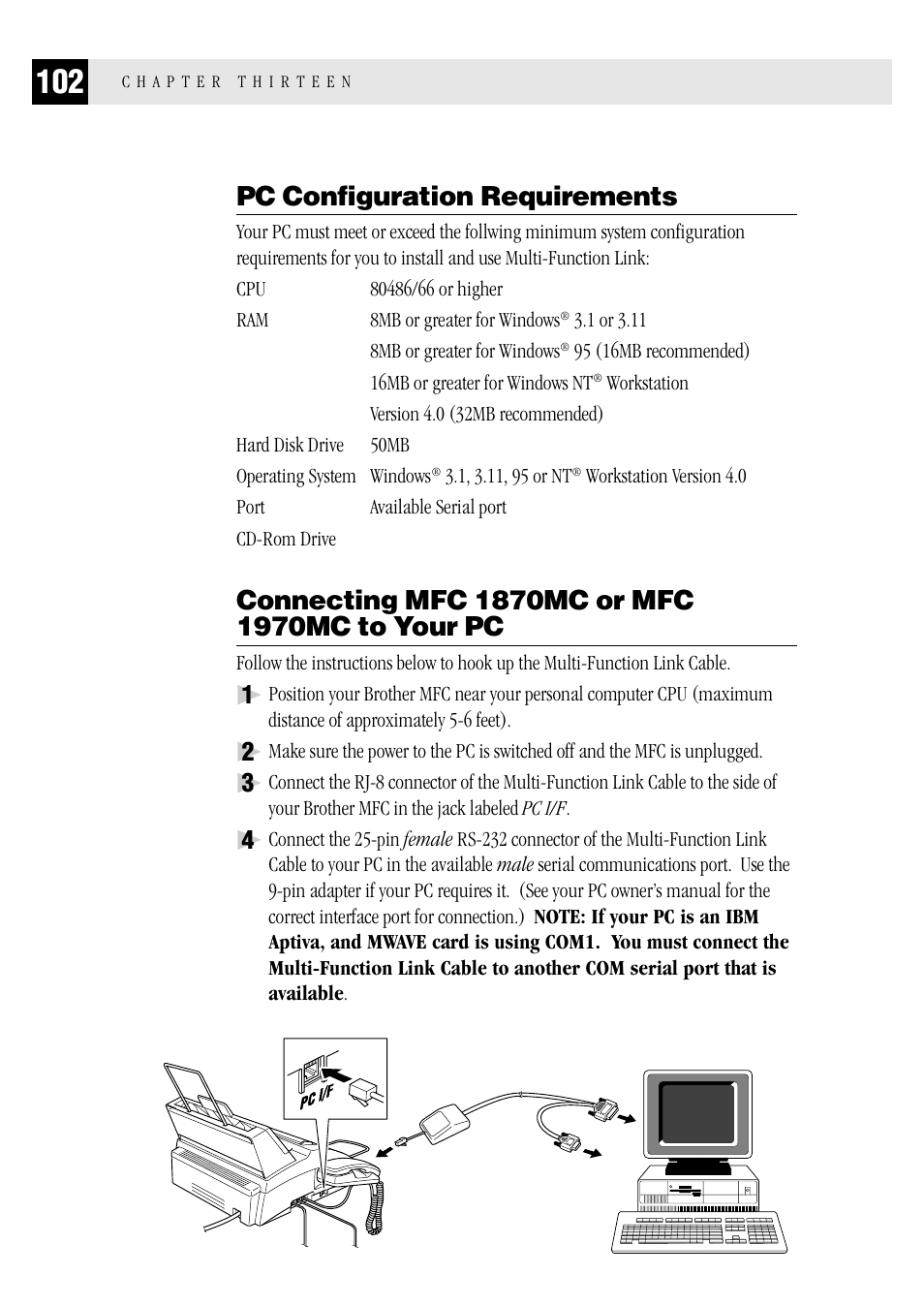 Pc configuration requirements, Connecting mfc 1870mc or mfc 1970mc to your pc | Brother MFC 1970MC User Manual | Page 110 / 136