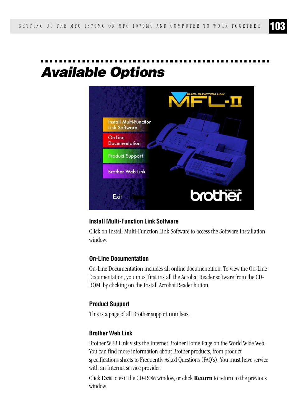 Available options, Install multi-function link software, On-line documentation | Product support, Brother web link | Brother MFC 1970MC User Manual | Page 111 / 136