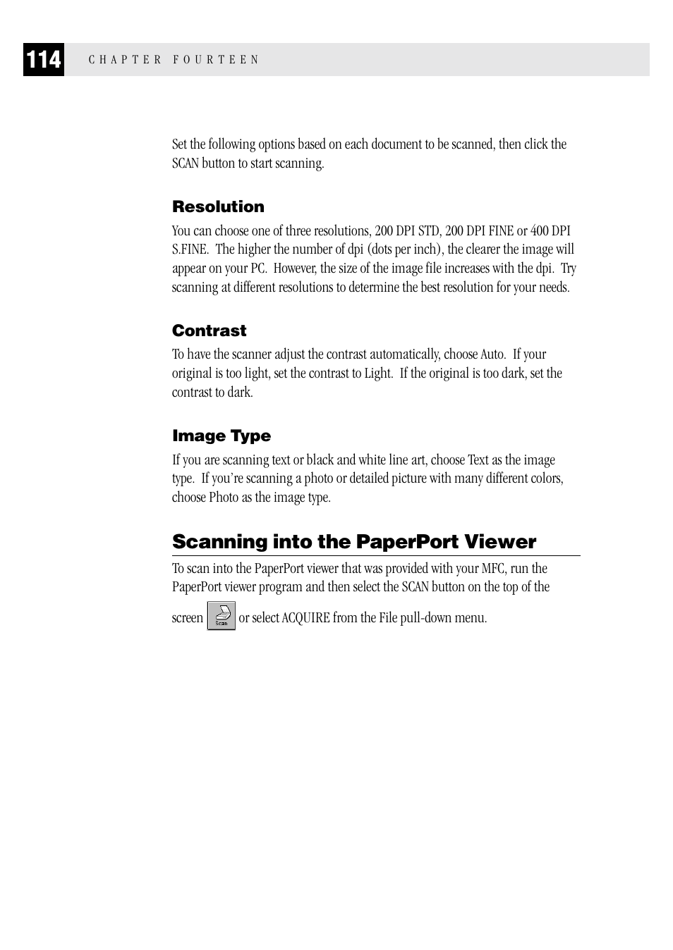 Resolution, Contrast, Image type | Scanning into the paperport viewer, Resolution contrast image type | Brother MFC 1970MC User Manual | Page 122 / 136