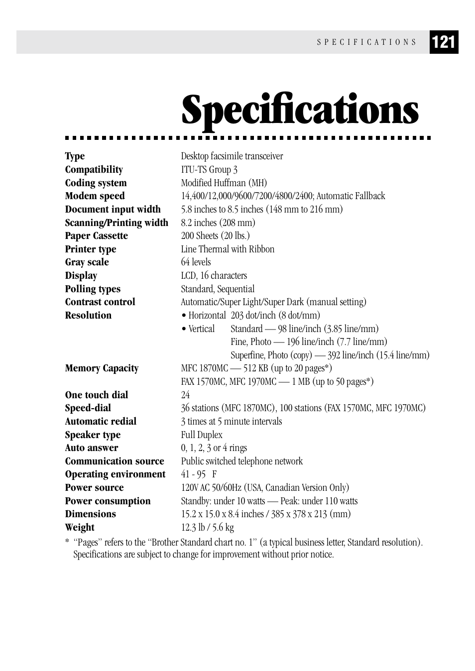 Specifications | Brother MFC 1970MC User Manual | Page 129 / 136
