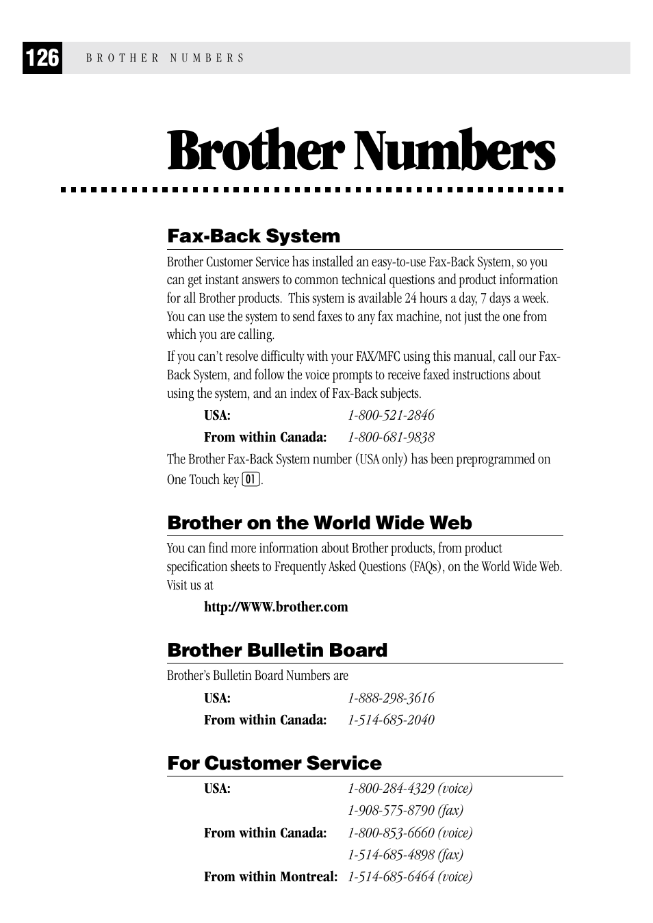 Brother numbers, Fax-back system, Brother on the world wide web | Brother bulletin board, For customer service | Brother MFC 1970MC User Manual | Page 134 / 136