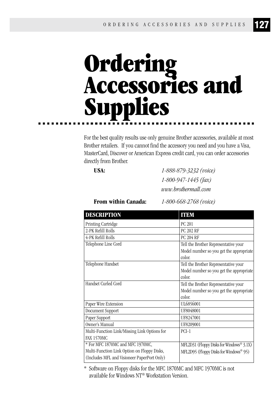 Ordering accessories and supplies, Accessories | Brother MFC 1970MC User Manual | Page 135 / 136