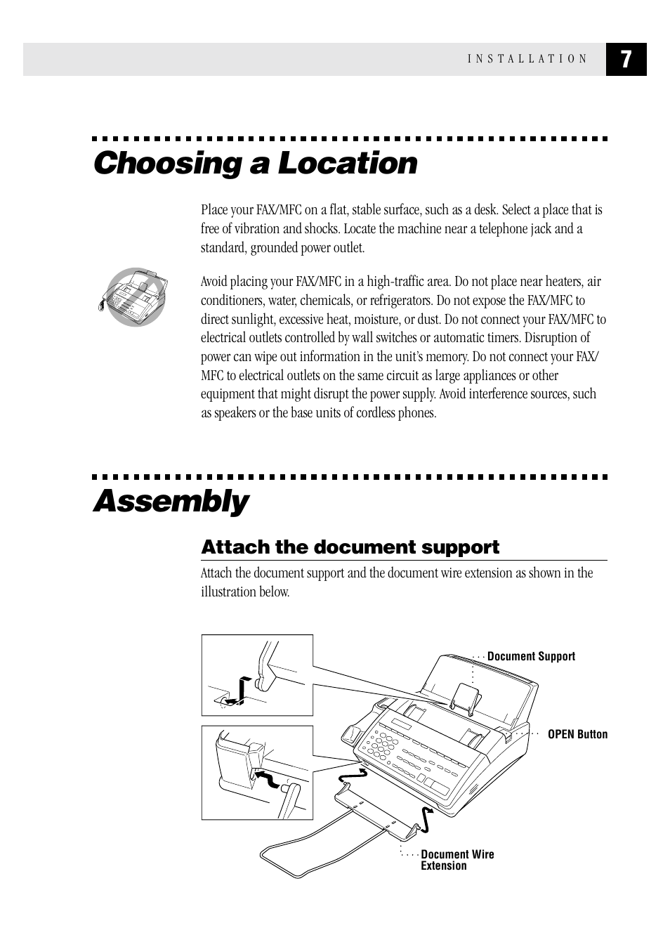 Choosing a location, Assembly, Attach the document support | Brother MFC 1970MC User Manual | Page 15 / 136