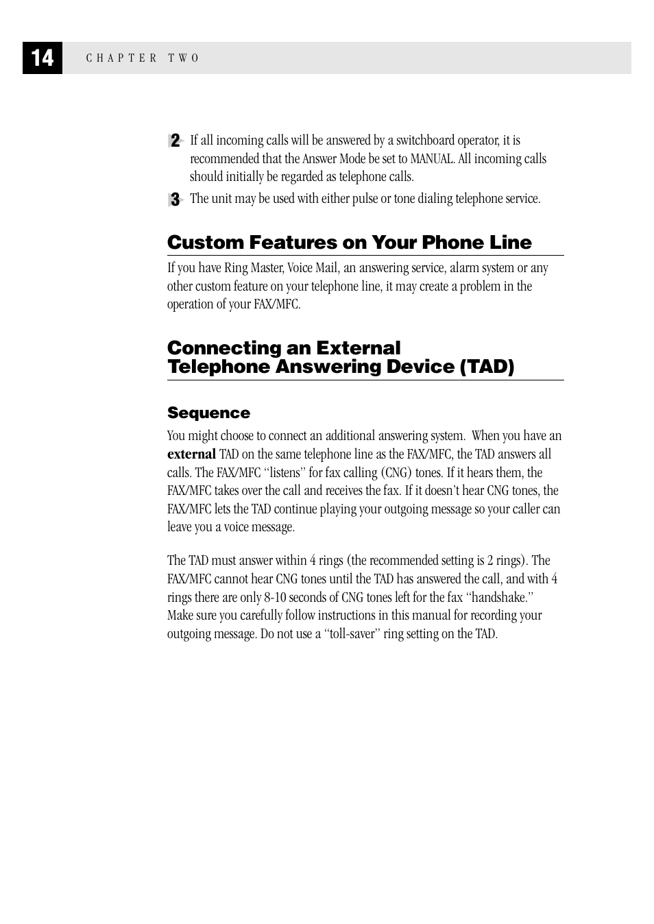 Custom features on your phone line, Sequence, Telephone answering device (tad) | Brother MFC 1970MC User Manual | Page 22 / 136