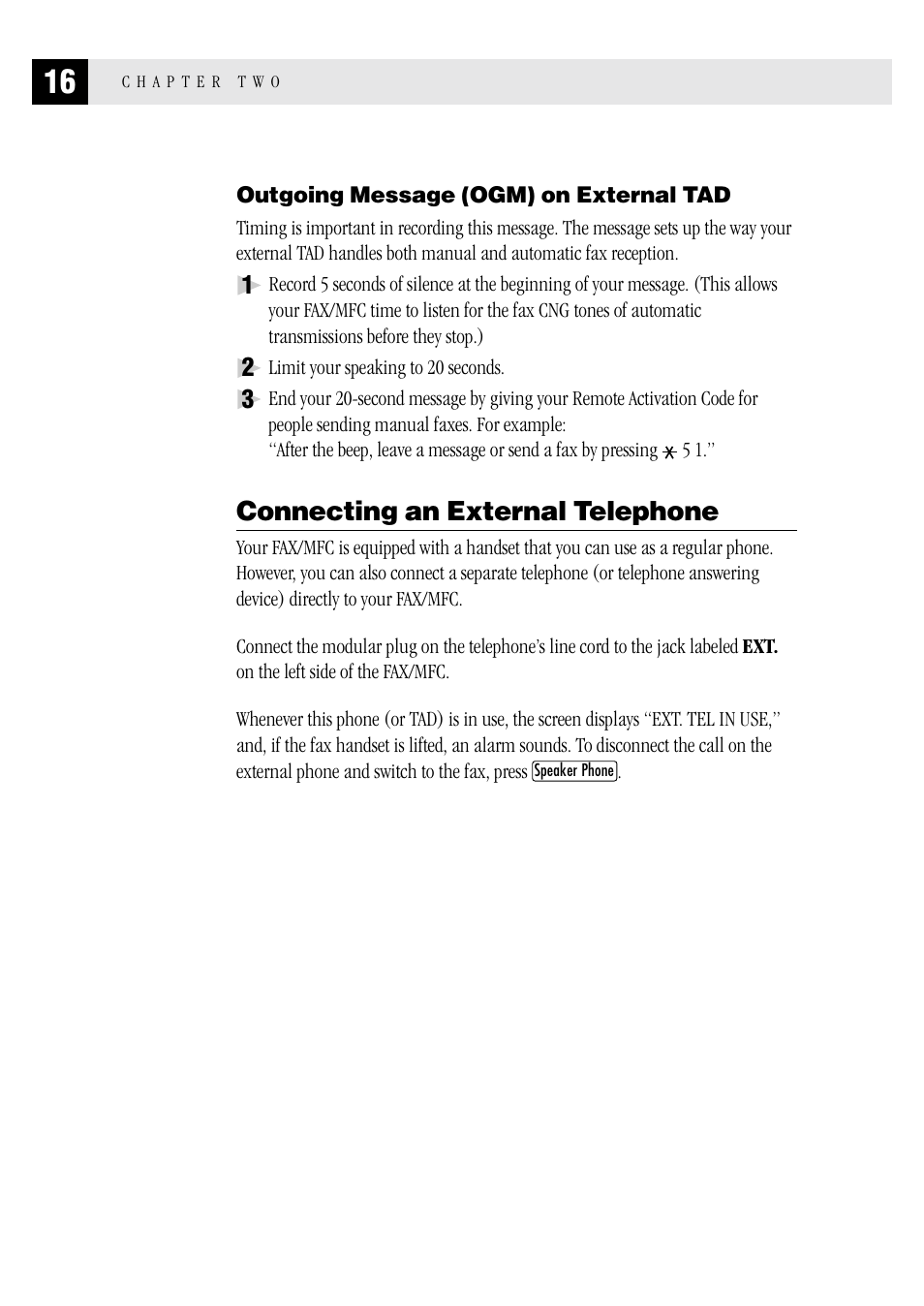 Outgoing message (ogm) on external tad, Connecting an external telephone | Brother MFC 1970MC User Manual | Page 24 / 136