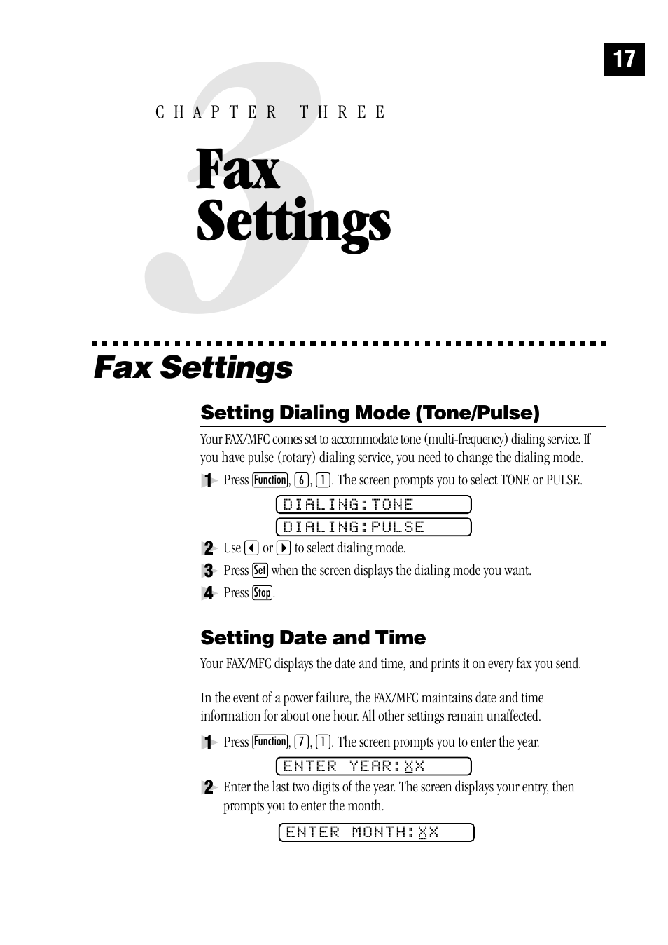 3 fax settings, Setting dialing mode (tone/pulse), Setting date and time | Fax settings | Brother MFC 1970MC User Manual | Page 25 / 136