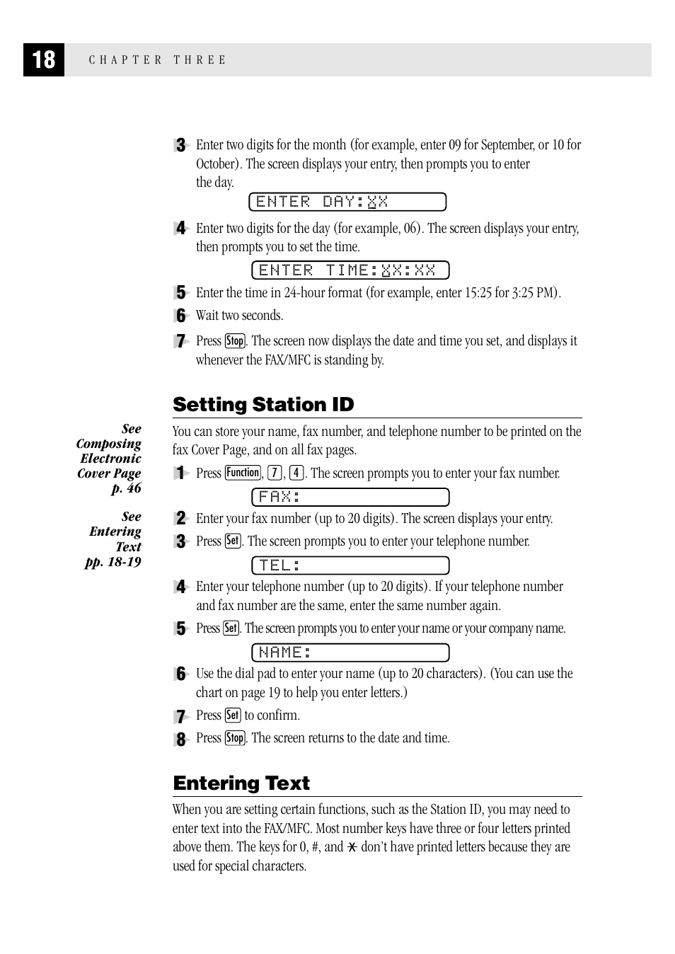 Setting station id, Entering text, Setting station id entering text | Brother MFC 1970MC User Manual | Page 26 / 136