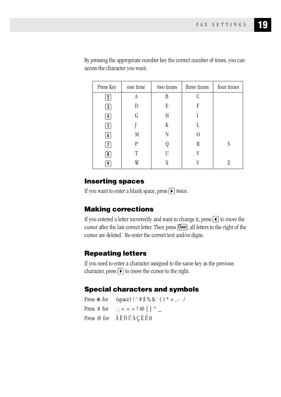 Inserting spaces, Making corrections, Repeating letters | Special characters and symbols | Brother MFC 1970MC User Manual | Page 27 / 136