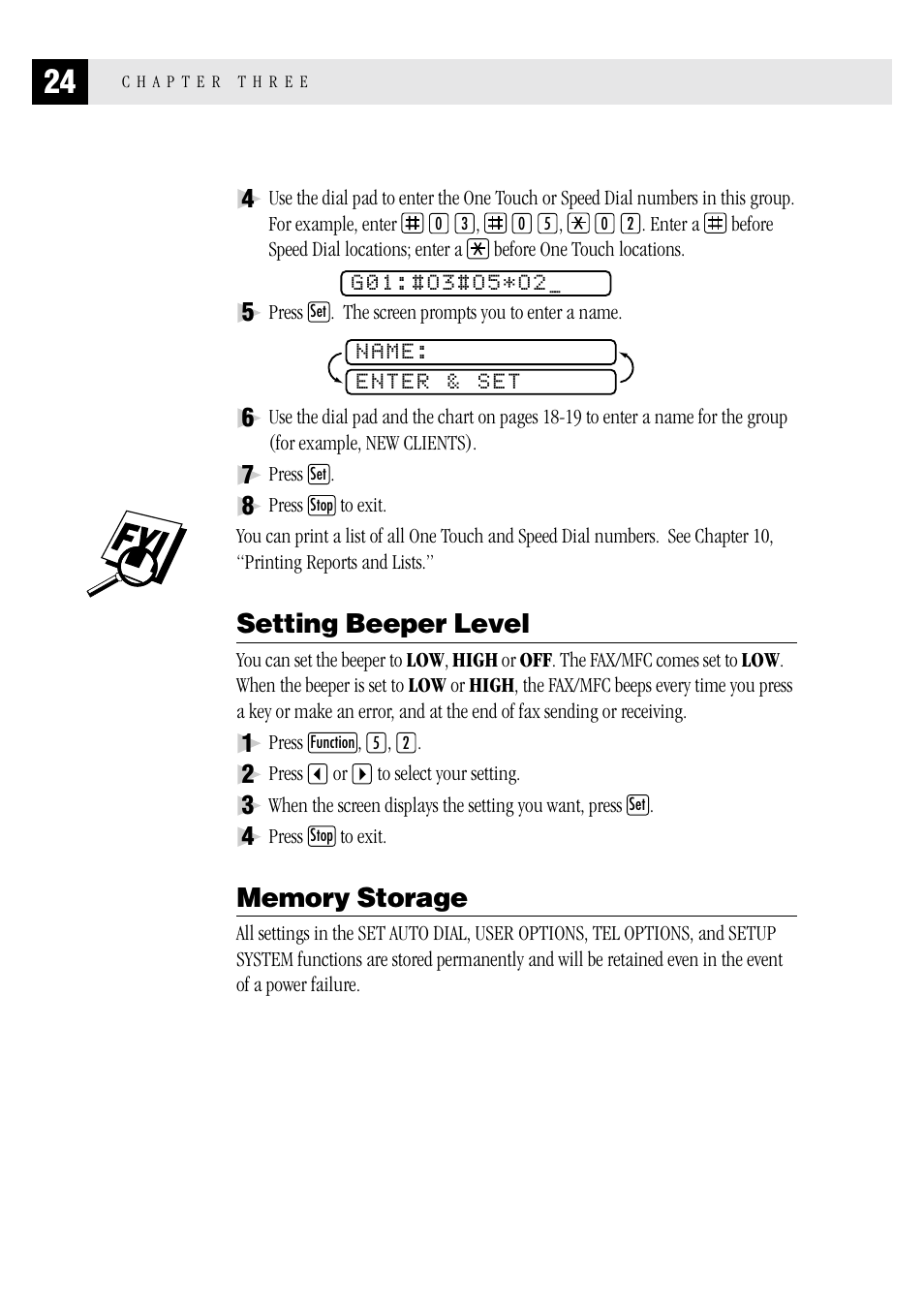 Setting beeper level, Memory storage, Setting beeper level memory storage | Brother MFC 1970MC User Manual | Page 32 / 136