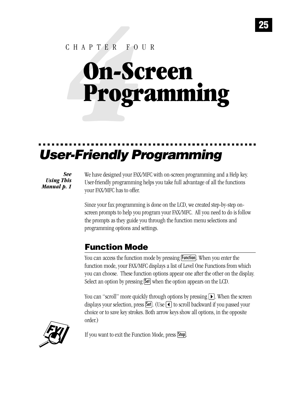 4 on-screen programming, User-friendly programming, Function mode | On-screen programming | Brother MFC 1970MC User Manual | Page 33 / 136