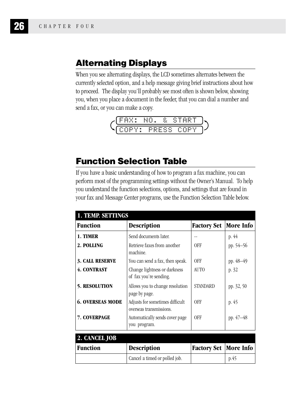 Alternating displays, Function selection table, Alternating displays function selection table | Fax: no. & start copy: press copy | Brother MFC 1970MC User Manual | Page 34 / 136