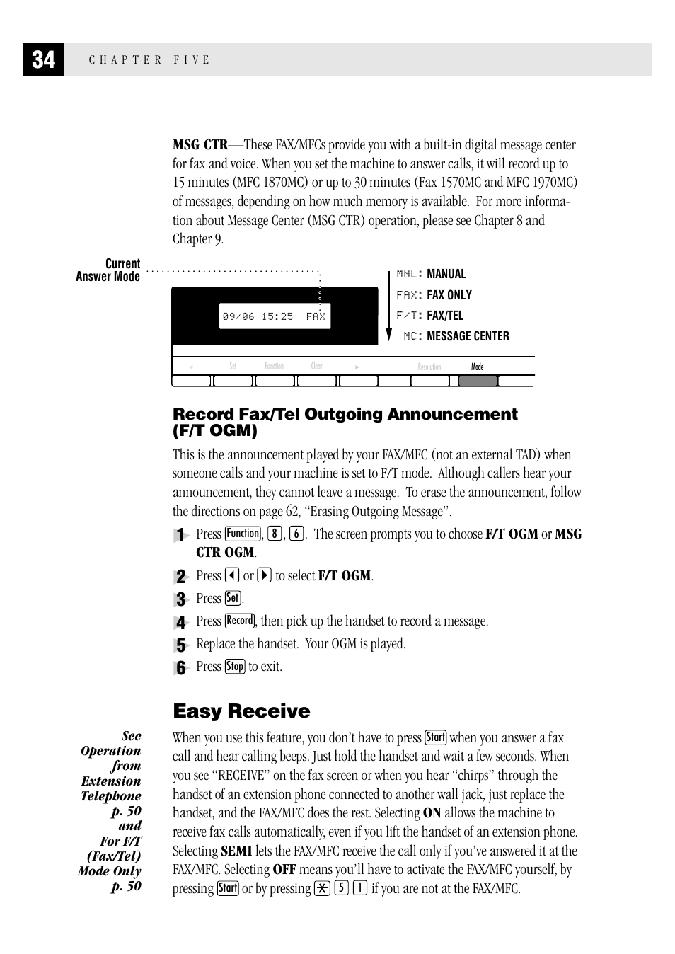 Record fax/tel outgoing announcement (f/t ogm), Easy receive | Brother MFC 1970MC User Manual | Page 42 / 136