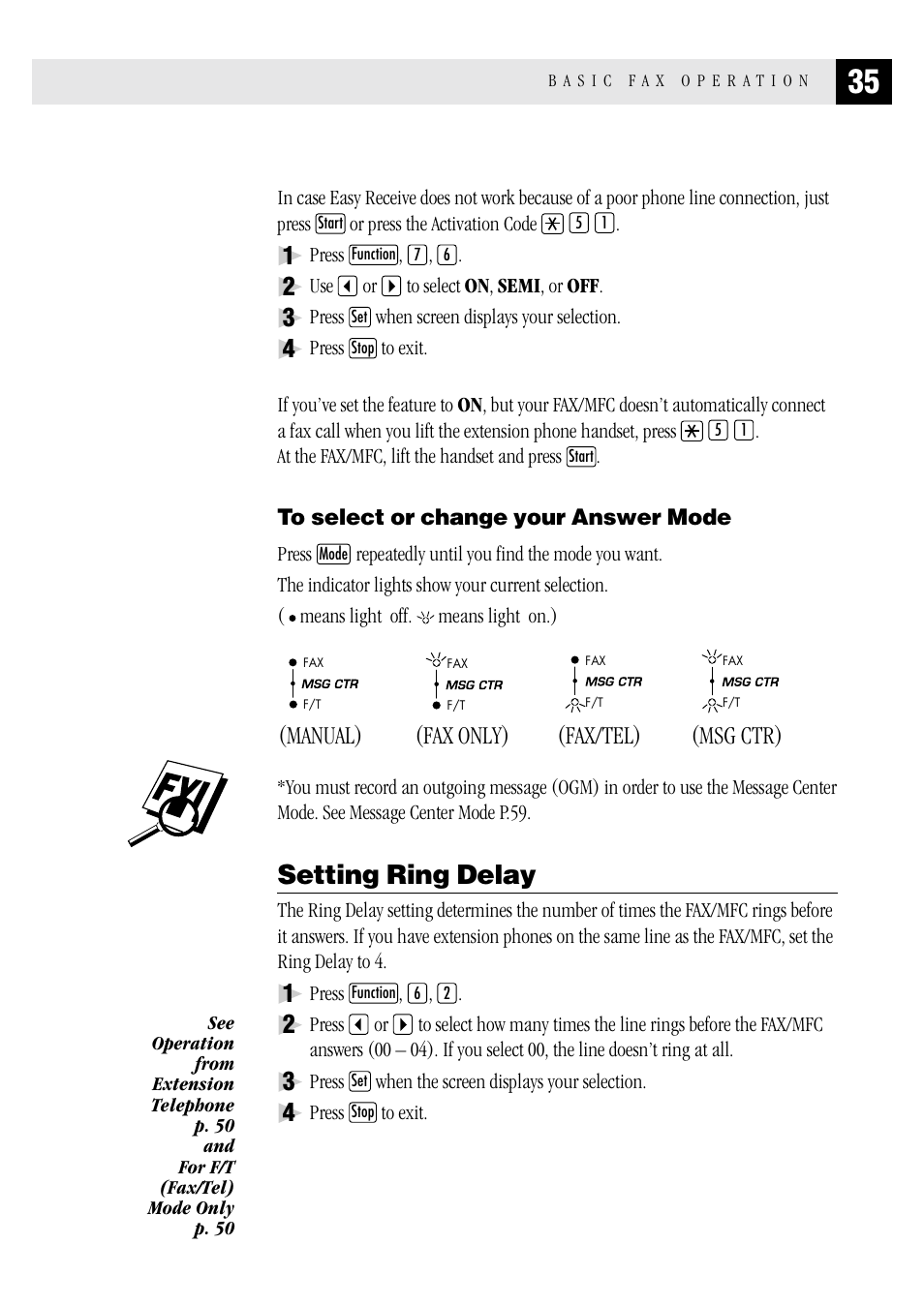 To select or change your answer mode, Setting ring delay, Manual) | Fax only), Fax/tel), Msg ctr) | Brother MFC 1970MC User Manual | Page 43 / 136