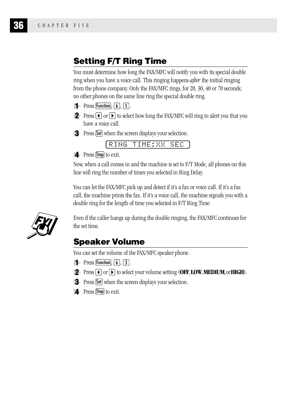 Setting f/t ring time, Speaker volume, Setting f/t ring time speaker volume | Brother MFC 1970MC User Manual | Page 44 / 136