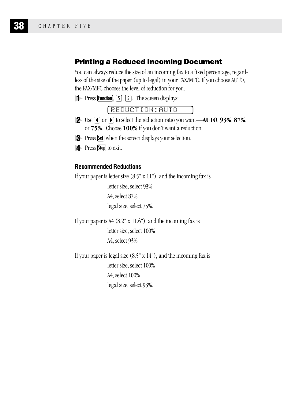 Printing a reduced incoming document, Recommended reductions | Brother MFC 1970MC User Manual | Page 46 / 136