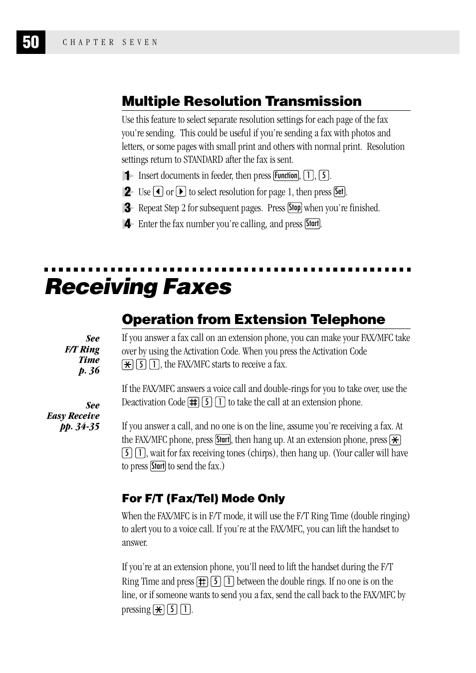 Multiple resolution transmission, Receiving faxes, Operation from extension telephone | For f/t (fax/tel) mode only | Brother MFC 1970MC User Manual | Page 58 / 136