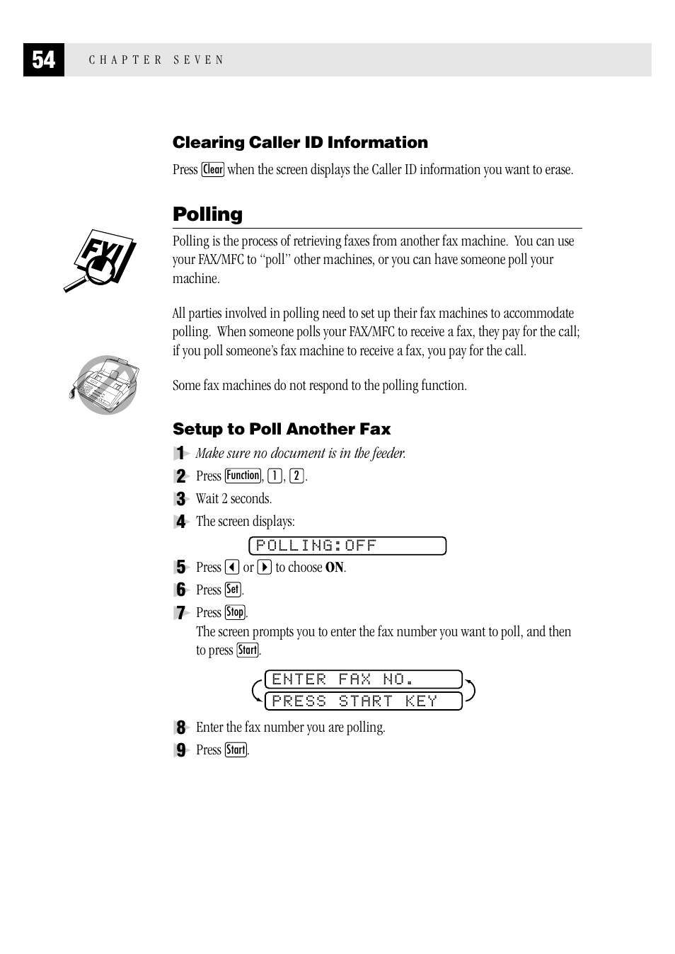 Clearing caller id information, Polling, Setup to poll another fax | Brother MFC 1970MC User Manual | Page 62 / 136